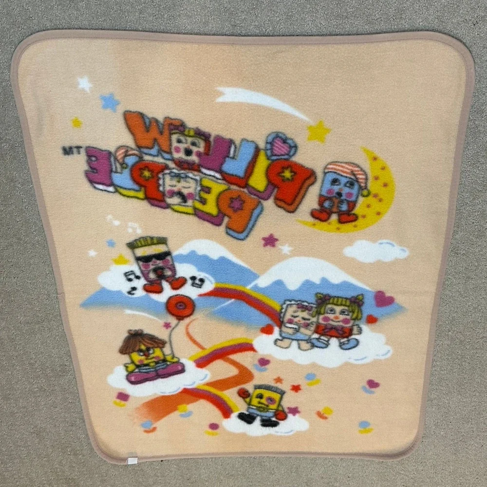 Vintage Pillow People Fleece Throw Blanket Tan‎ Rainbow Clouds 80s 90s Nostalgia